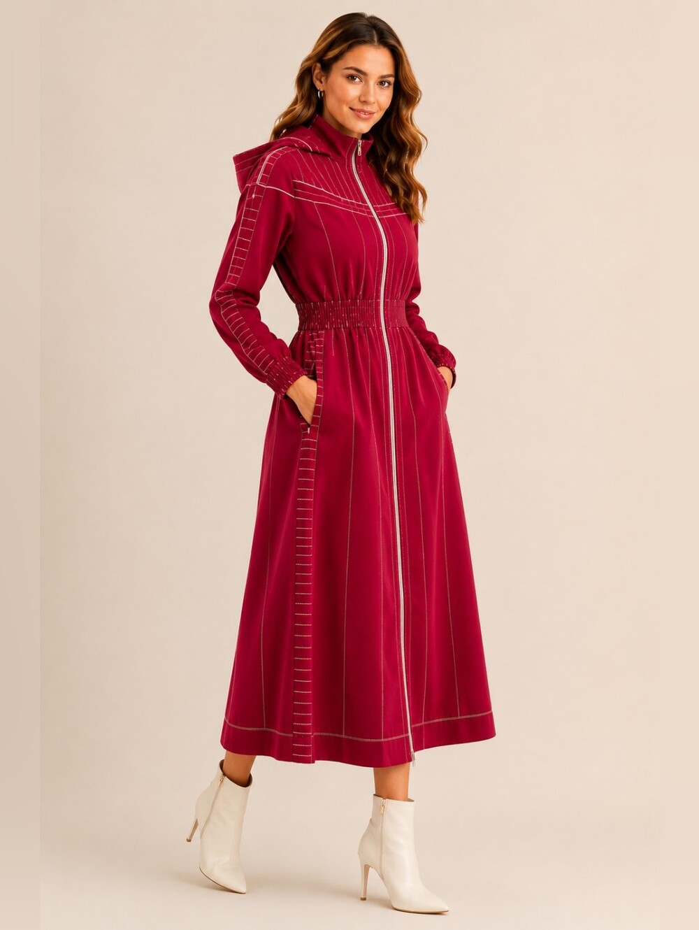 Valentino Red With White Stitching Jersey Hooded Midi Dress, Size 4, NWT